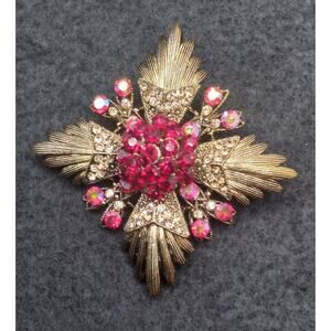 Vintage Brooch ROM Burgundy Rhinestones Pendant Bronze Tone Flower Design Shines